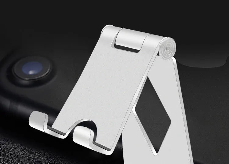 Aluminium alloy folding desktop phone stand in metallic finish, universal bracket for all phone brands