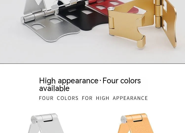 Aluminium alloy folding desktop phone stand in metallic finish, universal bracket for all phone brands