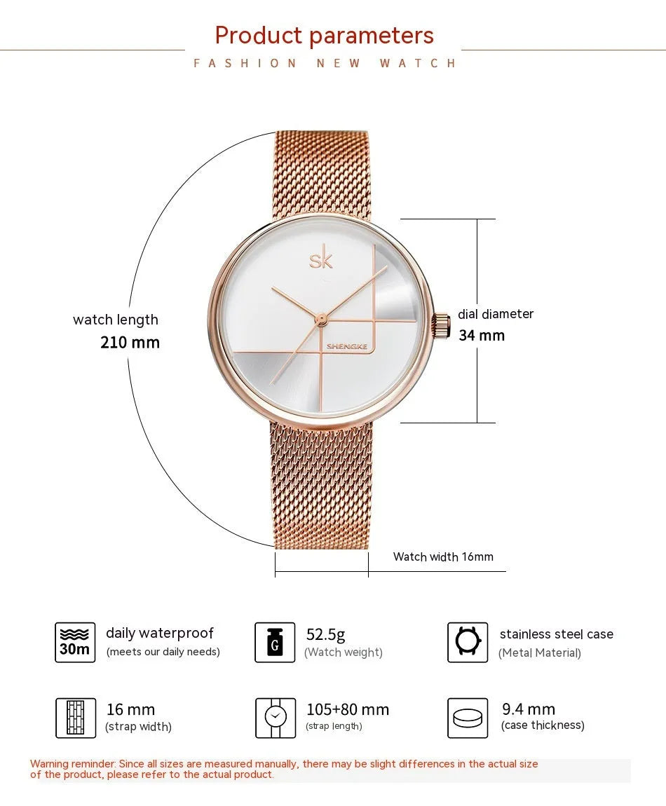 Women's simple geometric quartz watch with stainless steel mesh strap, 34mm dial, silver finish