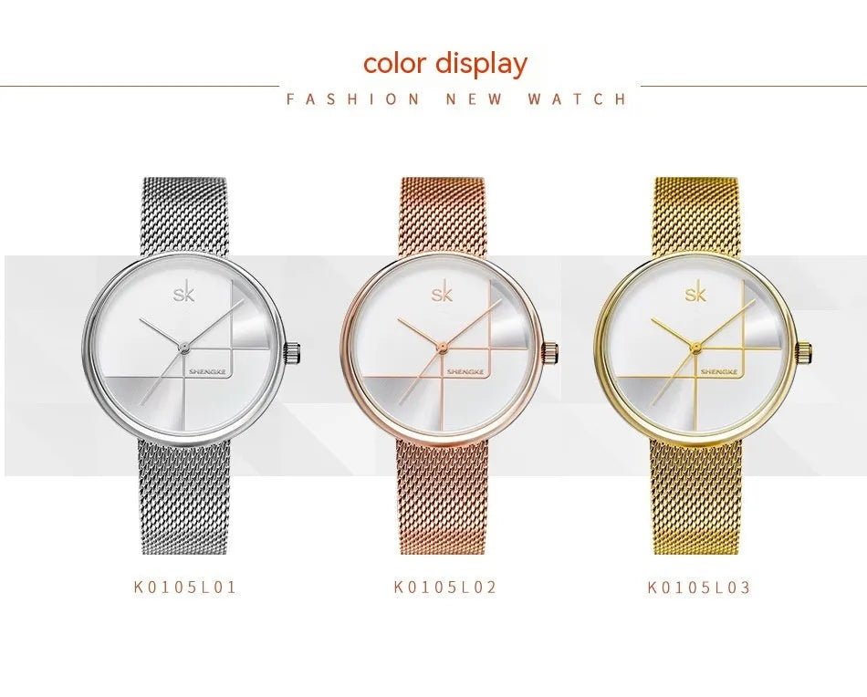 Women's simple geometric quartz watch with stainless steel mesh strap, 34mm dial, silver finish