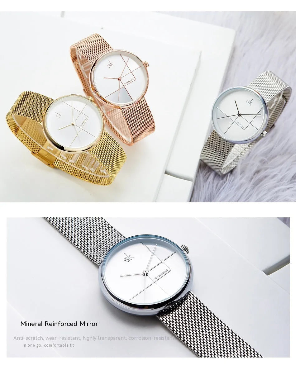 Women's simple geometric quartz watch with stainless steel mesh strap, 34mm dial, silver finish