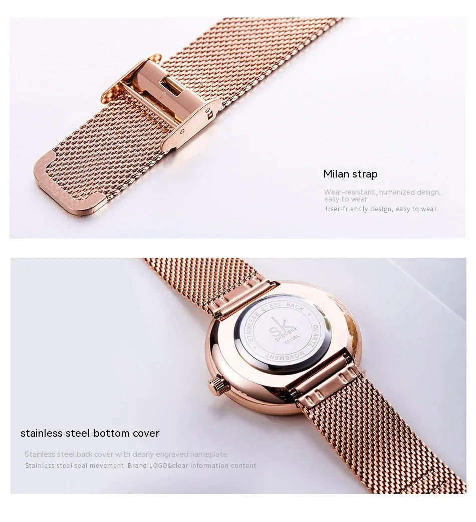 Women's simple geometric quartz watch with stainless steel mesh strap, 34mm dial, silver finish