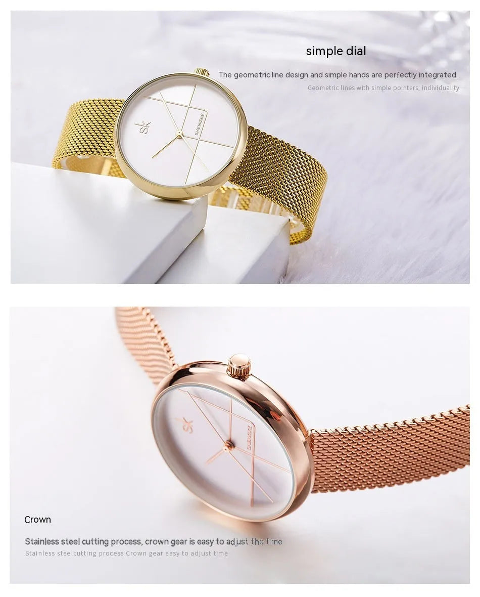 Women's simple geometric quartz watch with stainless steel mesh strap, 34mm dial, silver finish