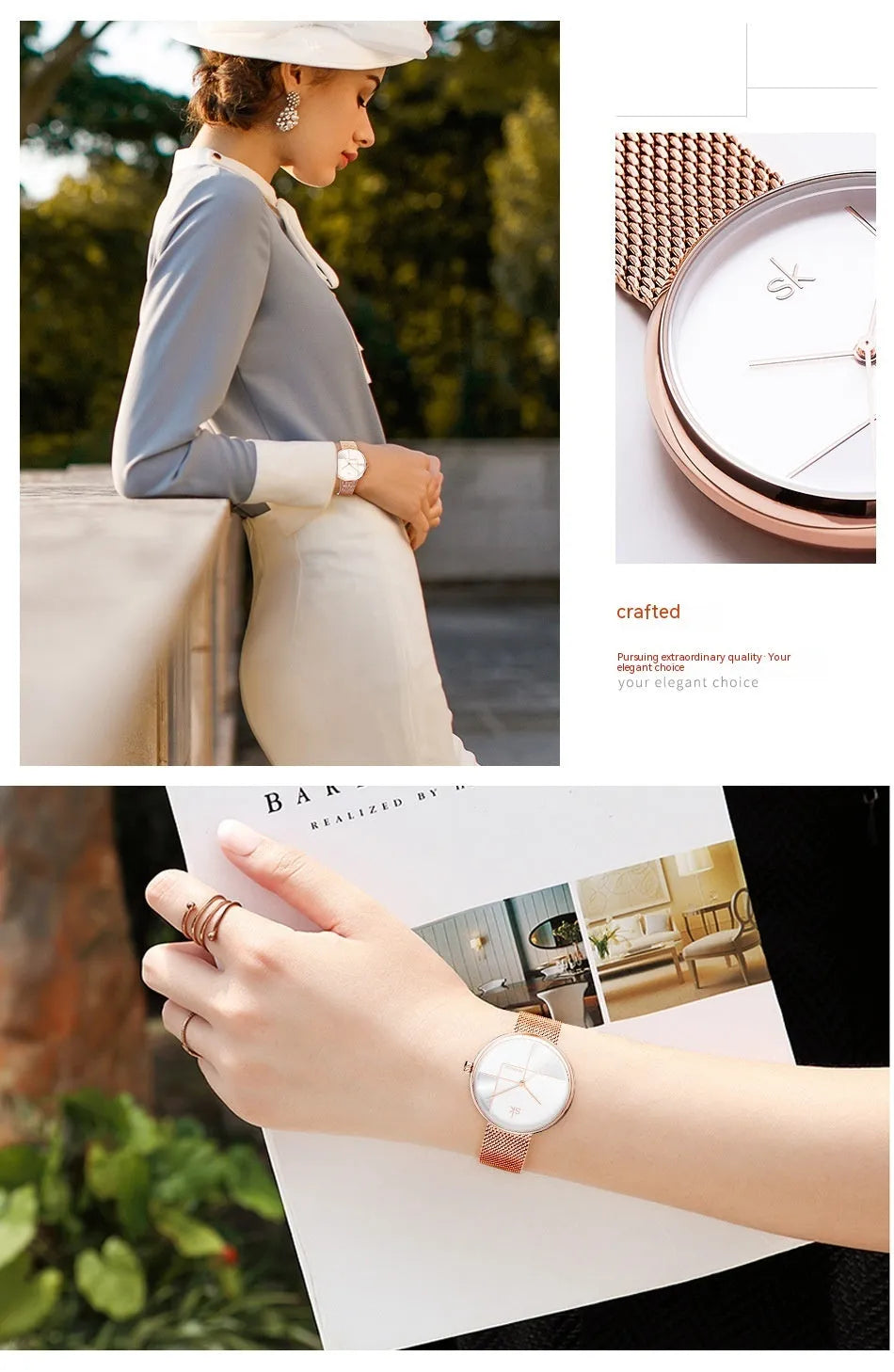 Women's simple geometric quartz watch with stainless steel mesh strap, 34mm dial, silver finish