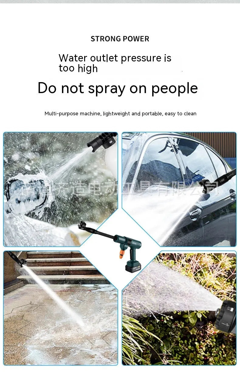 Cordless brushless water gun with stainless steel gun head, 18V, 25m spray distance, for car washing and landscaping.