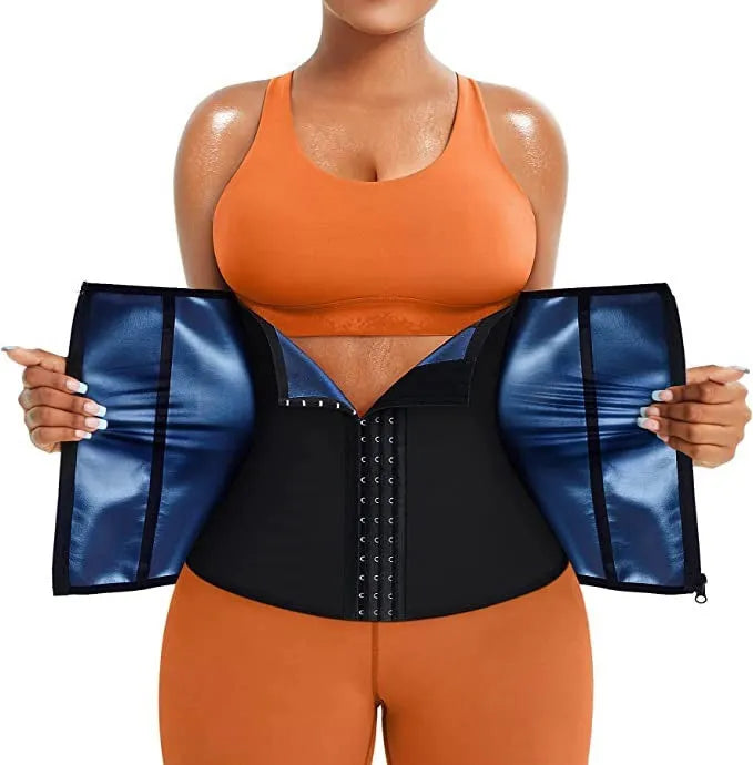 Neoprene adjustable sports abdominal girdle in blue or silver, showing waist compression belt