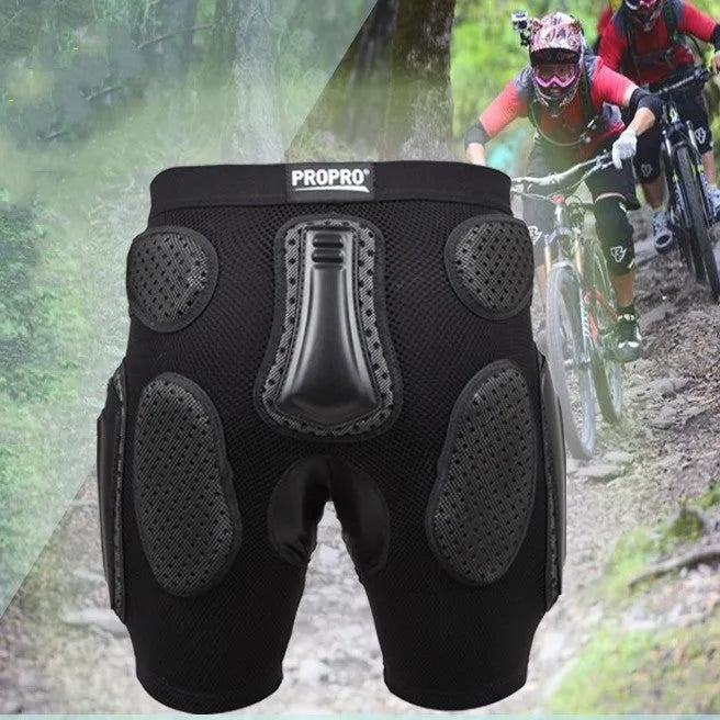 Black cycling protective hip pad pants on a mannequin, showing integrated padding at the hip area.