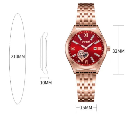 Women's fashion casual waterproof calendar luminous watch with alloy strap and Roman numeral rhinestone dial on white background