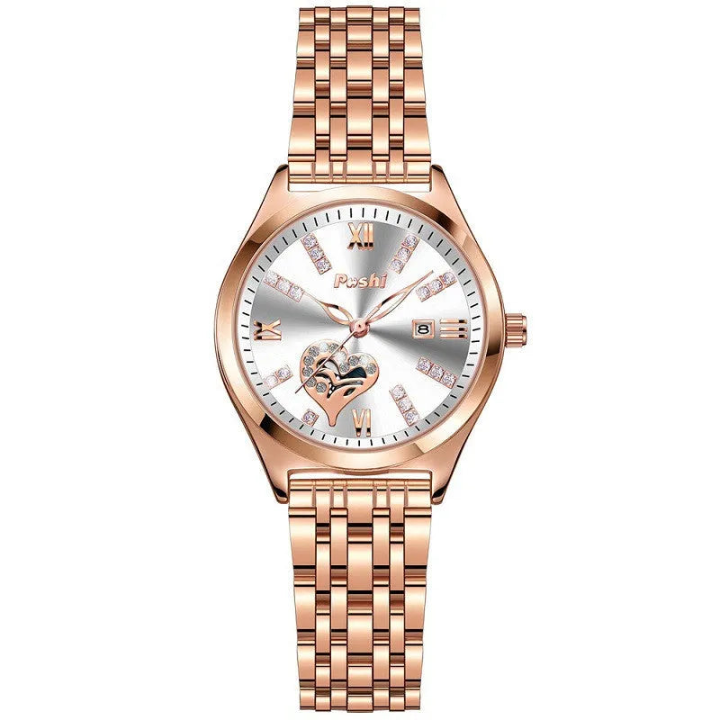 Women's fashion casual waterproof calendar luminous watch with alloy strap and Roman numeral rhinestone dial on white background