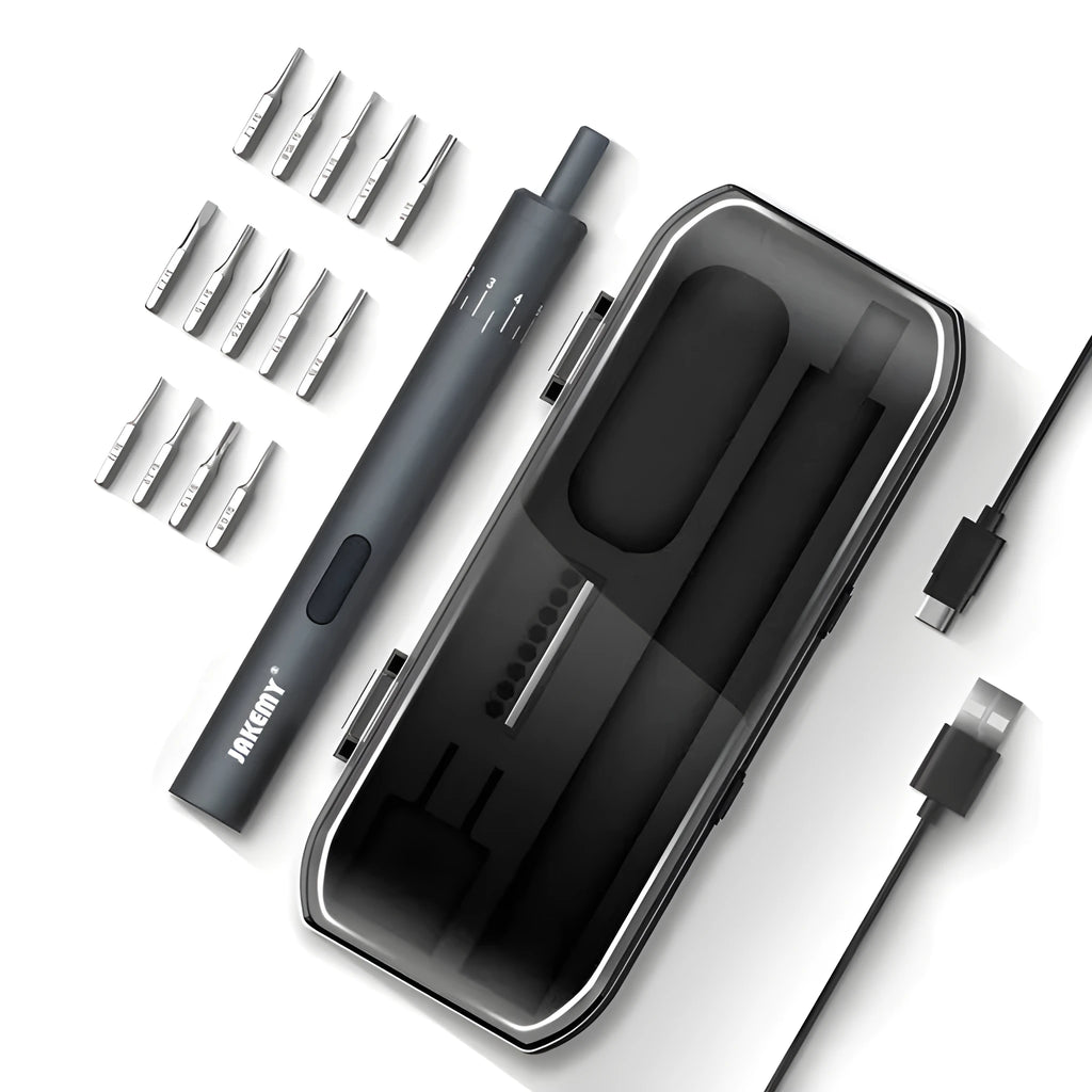 Black pen-type mini electric screwdriver with aluminium alloy body and micro USB charging port