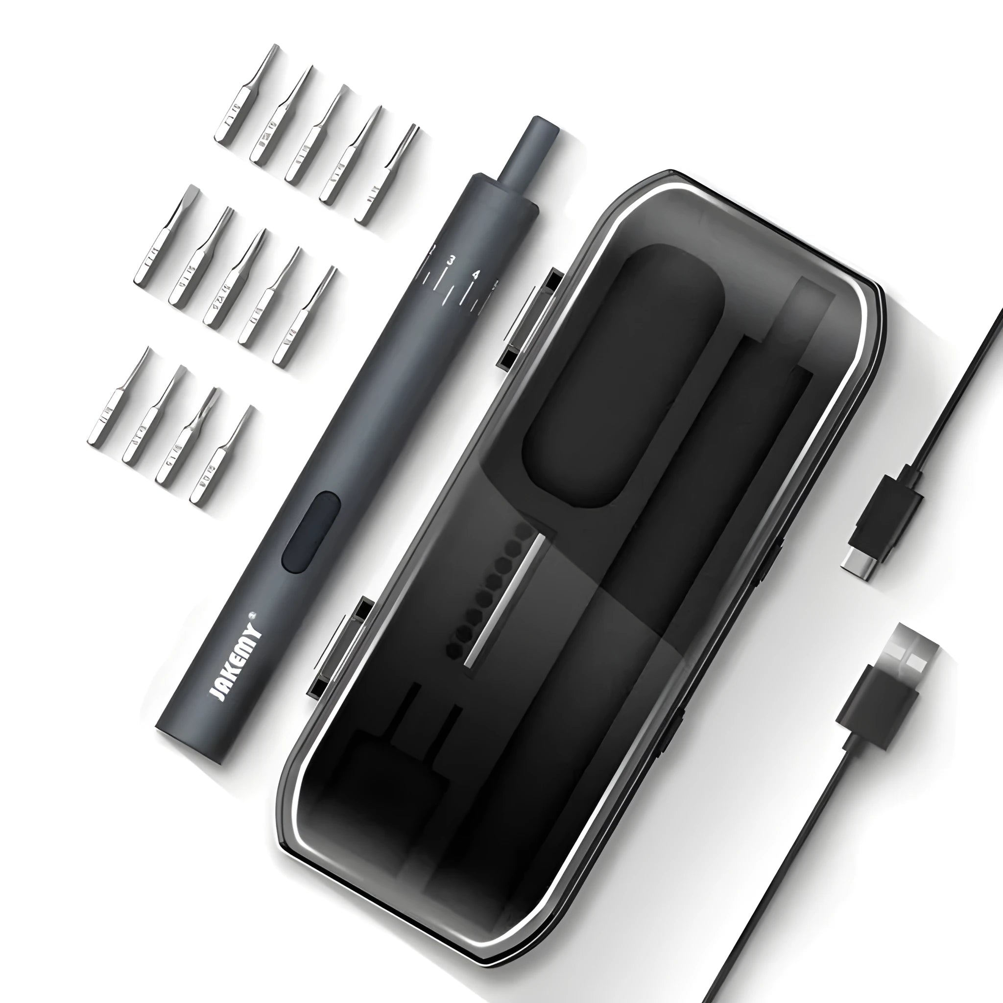 Black pen-type mini electric screwdriver with aluminium alloy body and micro USB charging port