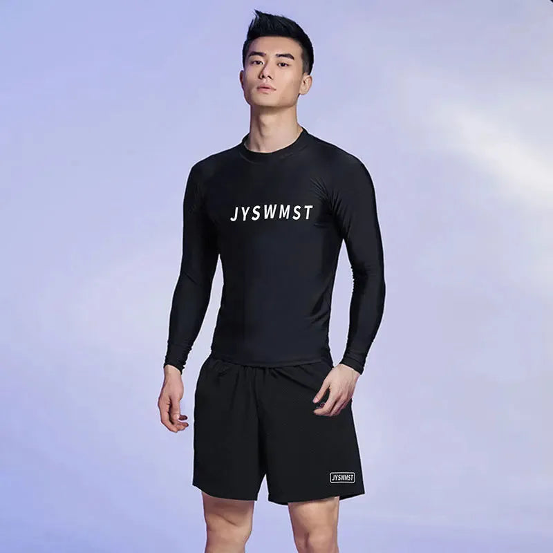 Men's patterned plus size swimsuit set with matching top and trunks on a mannequin.