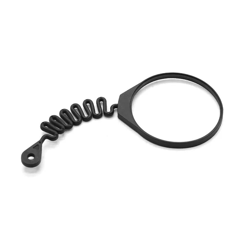Black rubber fuel cap tether for Volvo vehicles showing circular band and separate rope attachment options