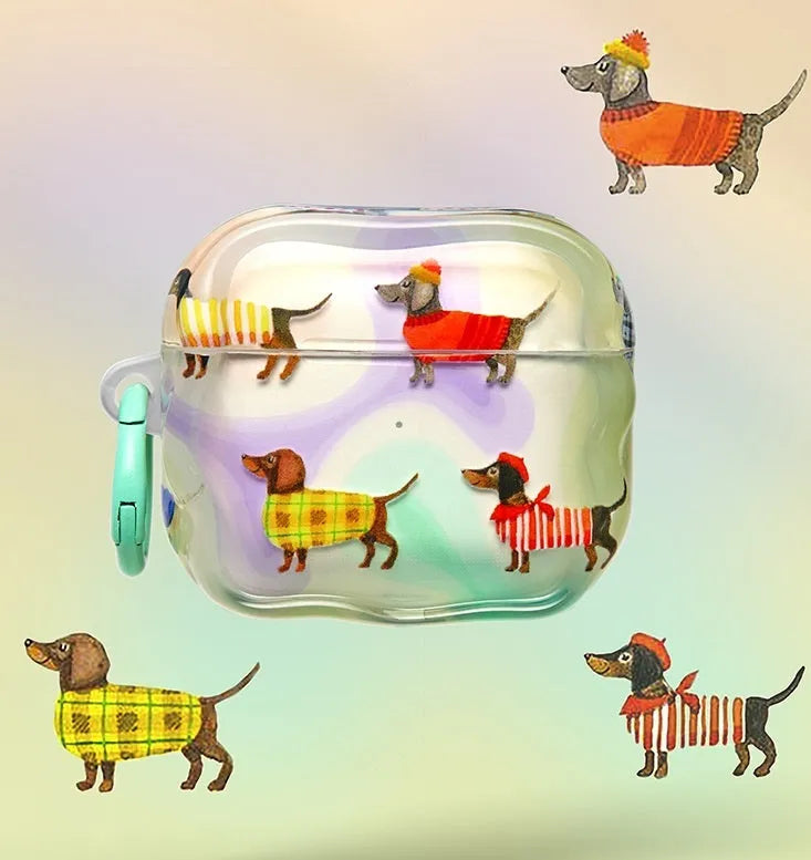 Artistic cute dachshund dog TPU protective cover for AirPods with colourful hanging hole