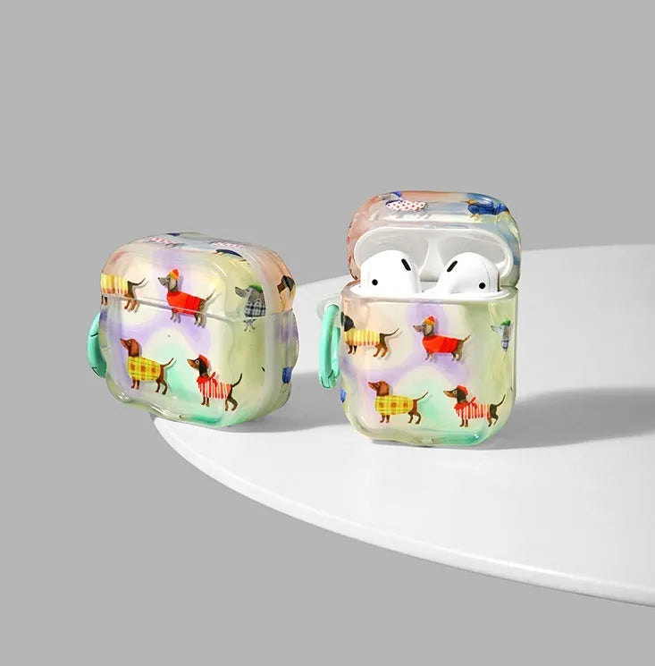 Artistic cute dachshund dog TPU protective cover for AirPods with colourful hanging hole