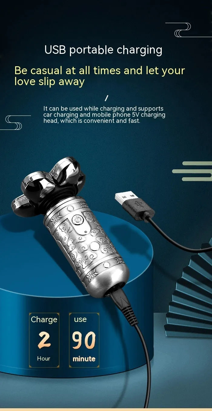 Silver black alloy body compact shaver with floating cutter head and USB charging cable