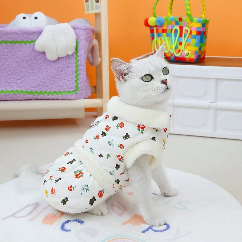 Pet cat clothes in cotton velvet broken card printing fabric available in pink and white sizes XS to XL for cats