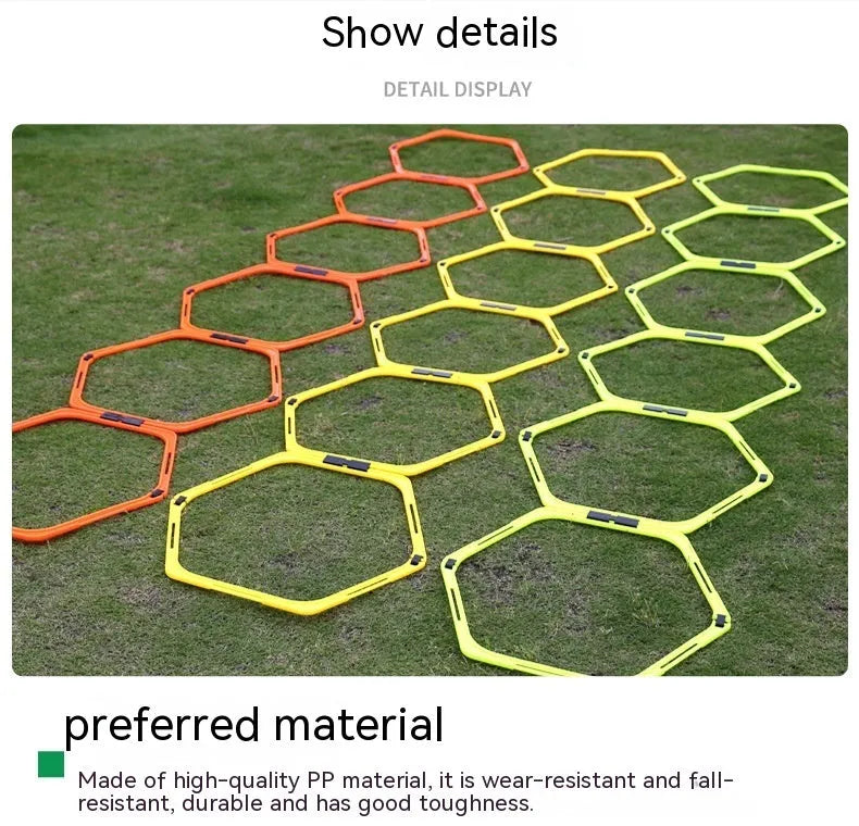 Set of six foldable hexagonal football agility training rings in yellow, green, and orange colours.