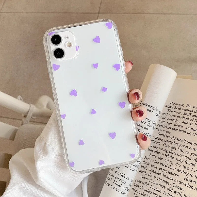 Transparent TPU phone case with UV printed love pattern for iPhone showing shock-absorbing edges