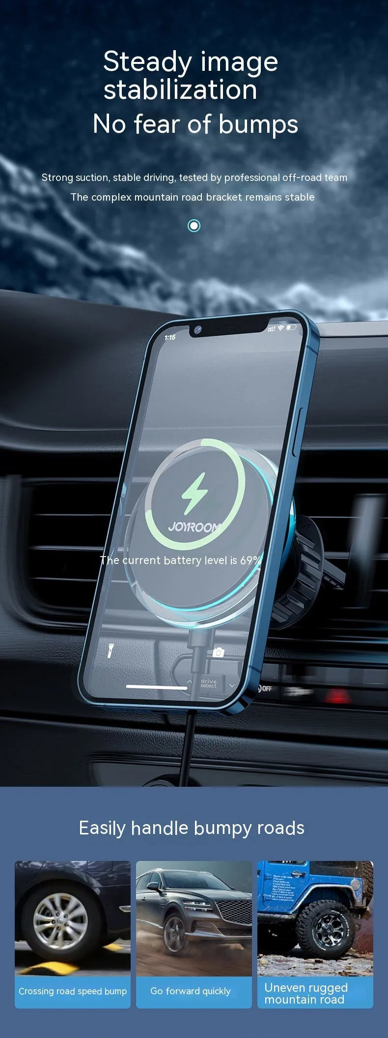 Black magnetic wireless charging car mount attached to car air vent with phone secured