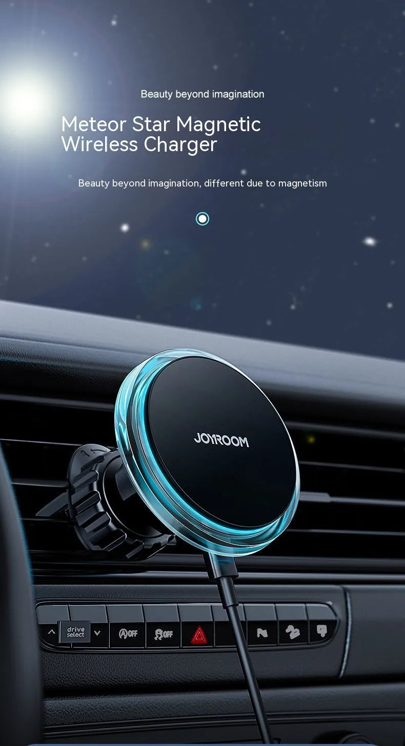 Black magnetic wireless charging car mount attached to car air vent with phone secured