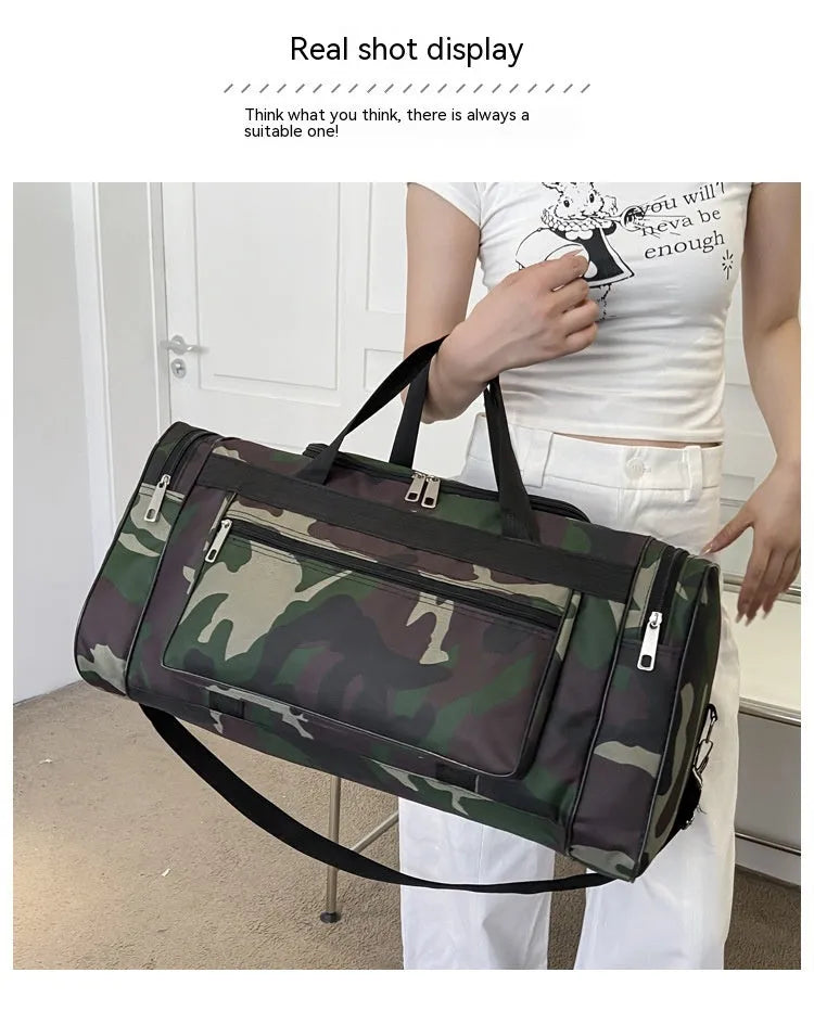 Green camouflage waterproof fabric luggage bag with striped polyester lining.