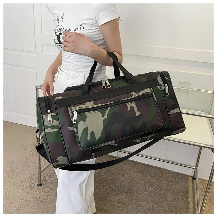 Green camouflage waterproof fabric luggage bag with striped polyester lining.