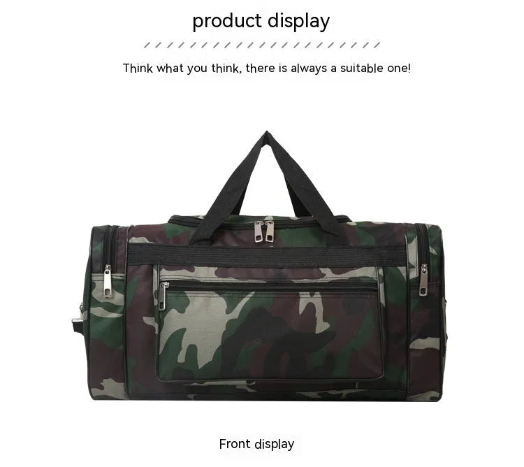 Green camouflage waterproof fabric luggage bag with striped polyester lining.