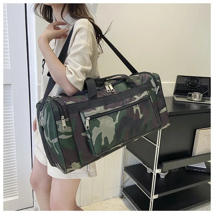 Green camouflage waterproof fabric luggage bag with striped polyester lining.