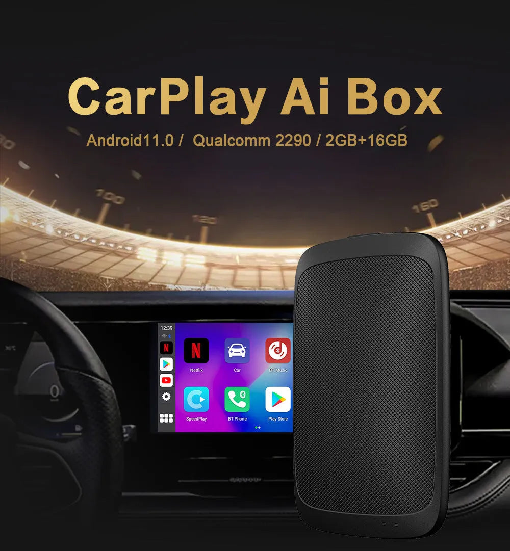 Black CarPlay Box unit for upgrading car system to Android 11 with 9-inch touch screen