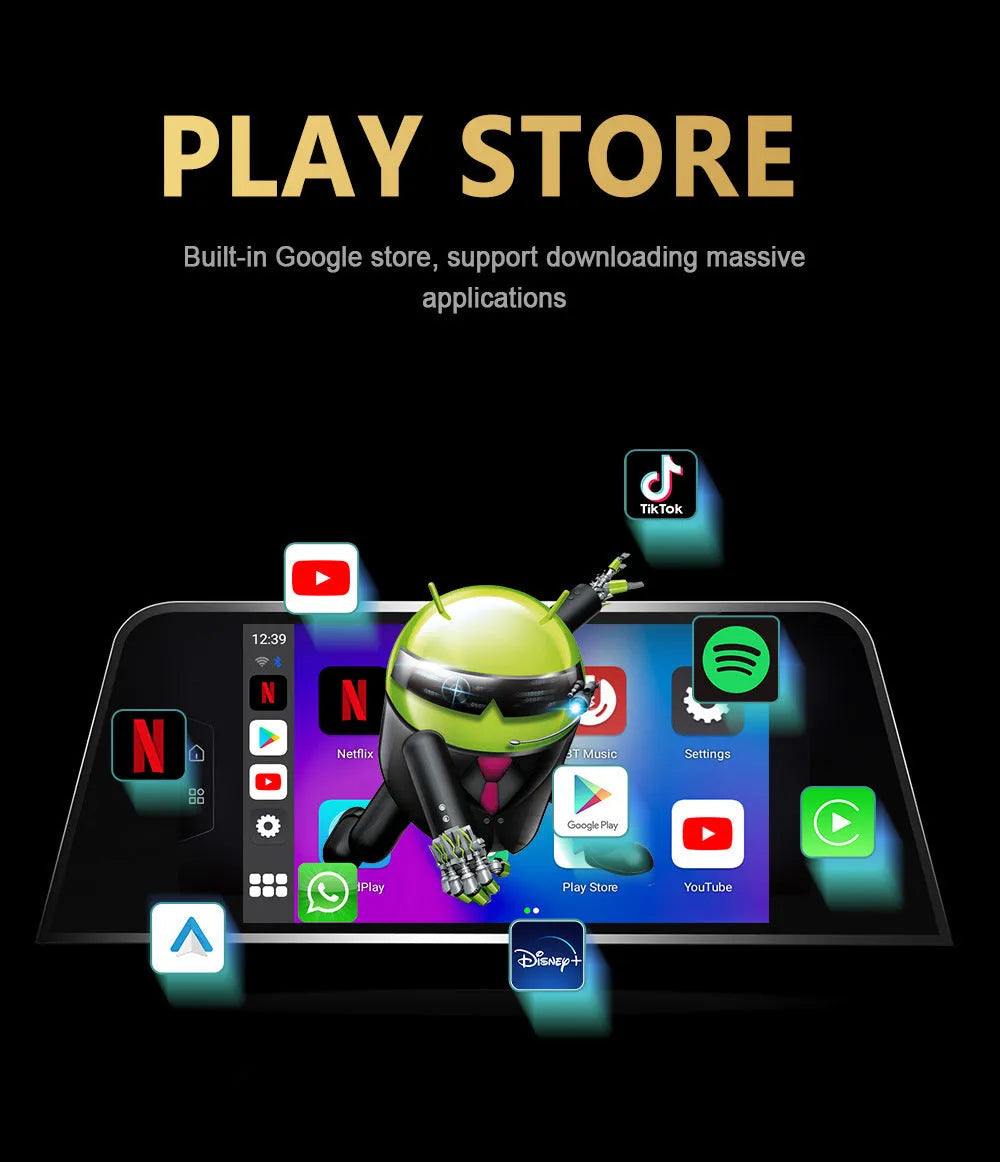 Black CarPlay Box unit for upgrading car system to Android 11 with 9-inch touch screen