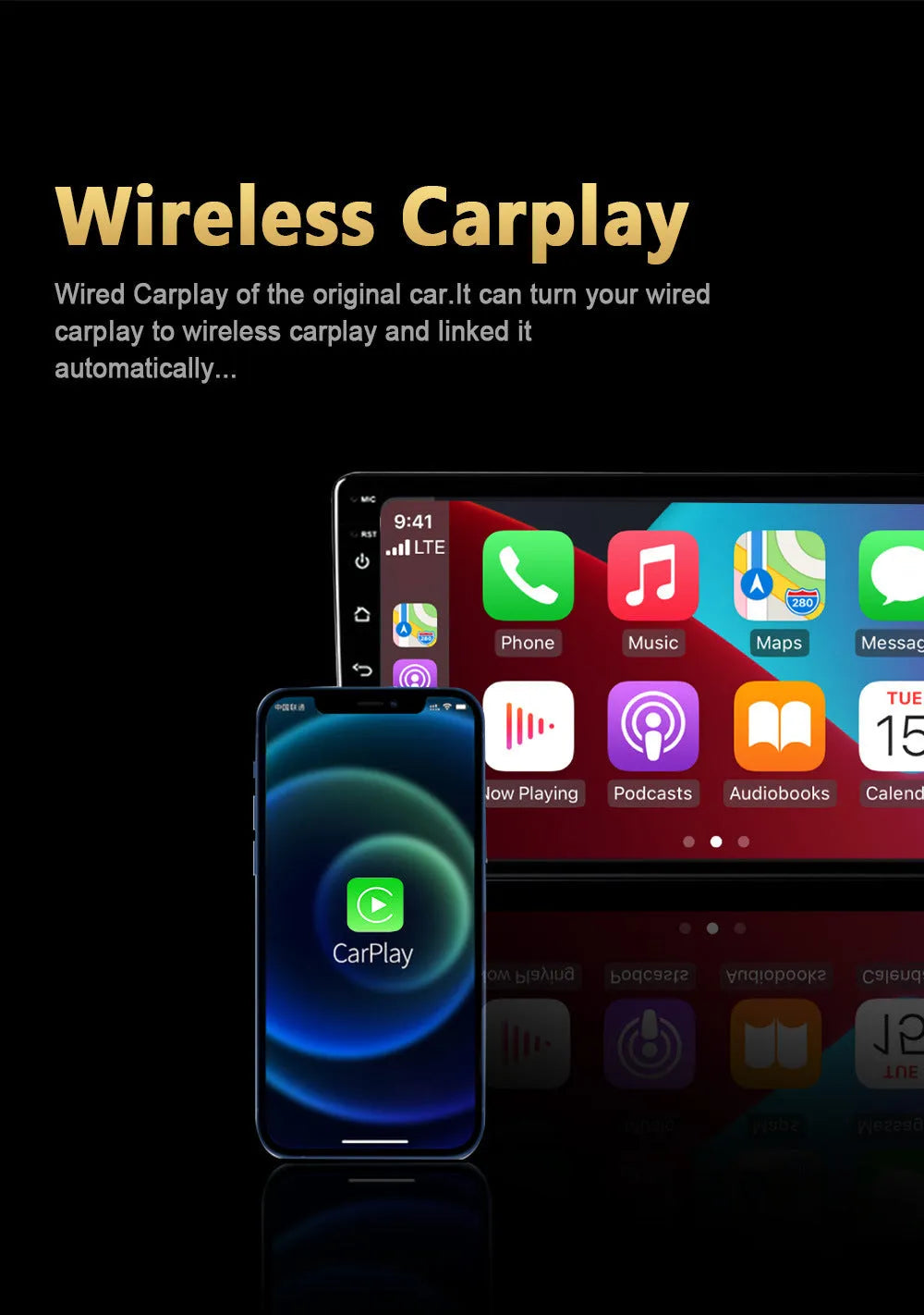 Black CarPlay Box unit for upgrading car system to Android 11 with 9-inch touch screen