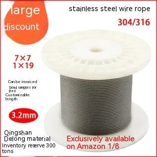 Coiled 304 stainless steel security wire rope with a coated finish on a white background.