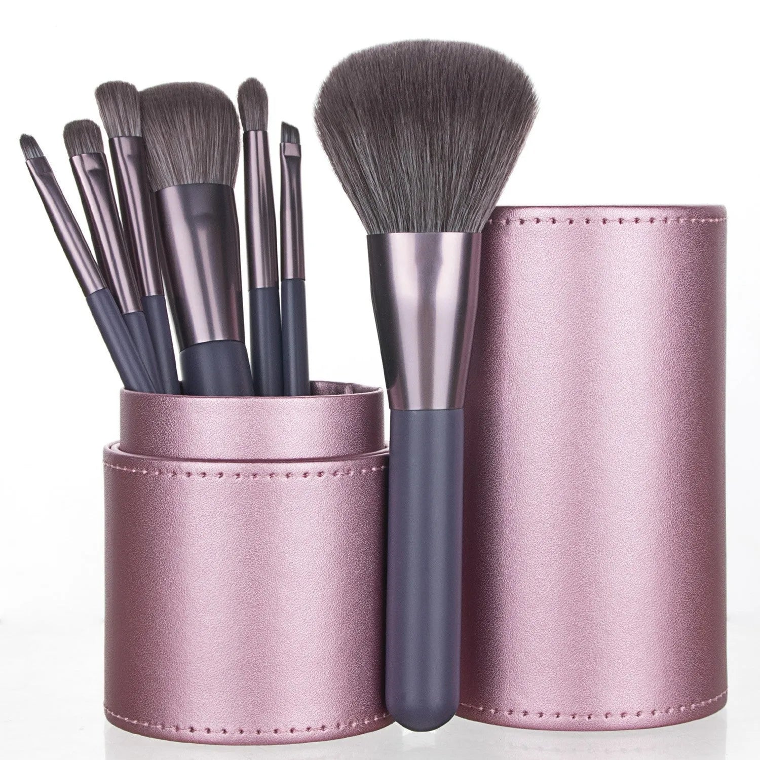 7 piece portable mini makeup brush set with purple bucket and plastic handles