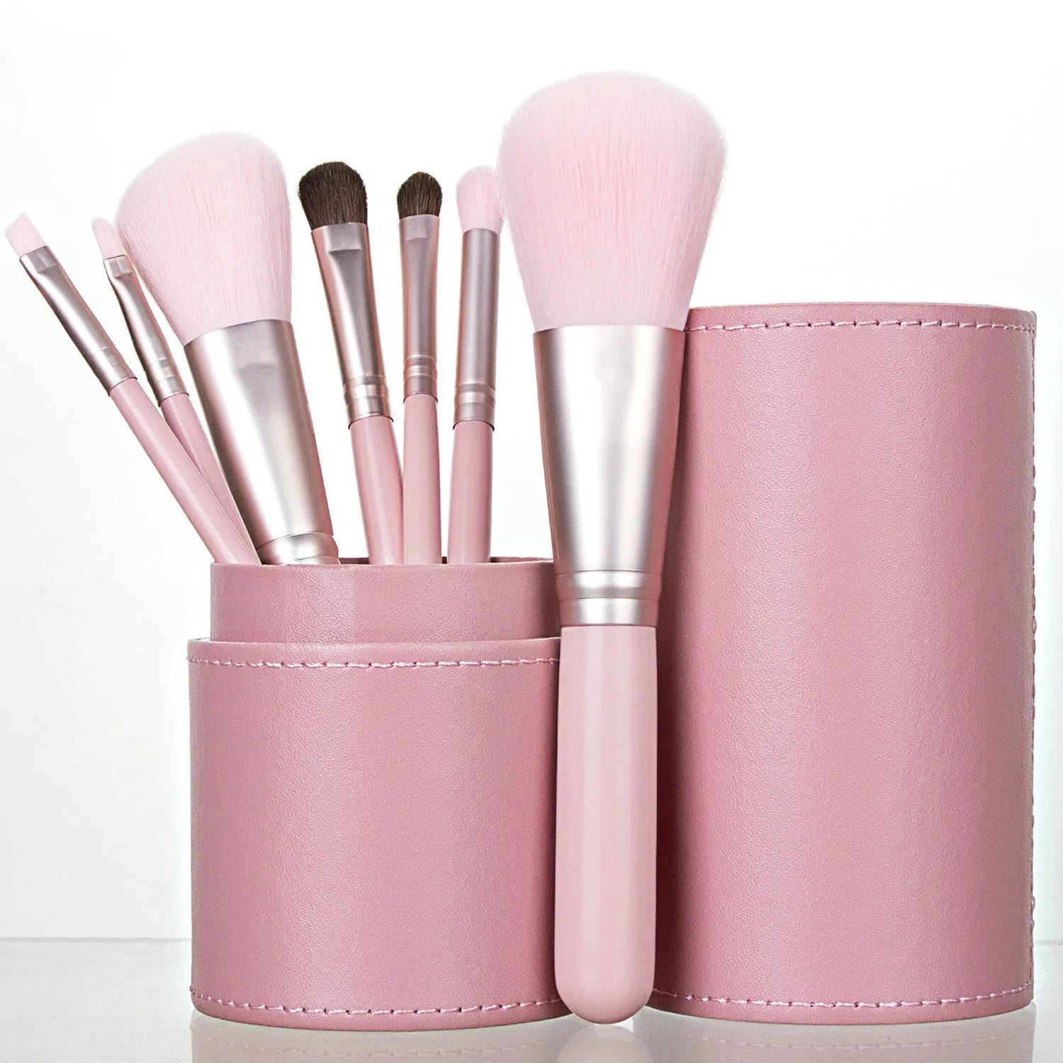 7 piece portable mini makeup brush set with purple bucket and plastic handles