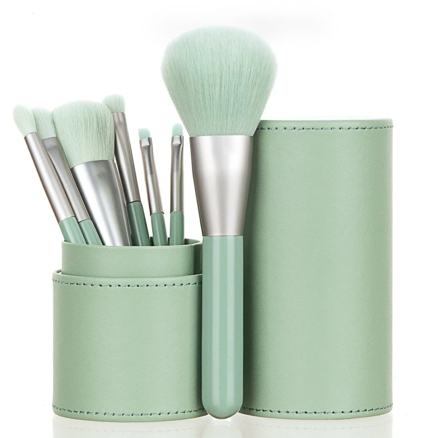 7 piece portable mini makeup brush set with purple bucket and plastic handles