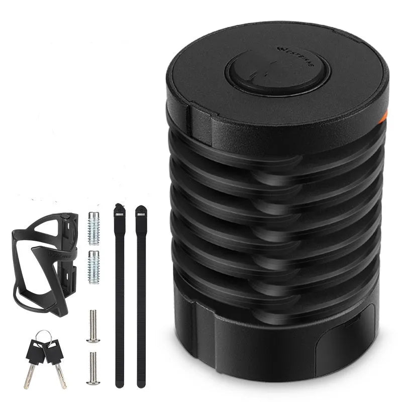 Portable bicycle folding lock in black orange colour showing folded compact design