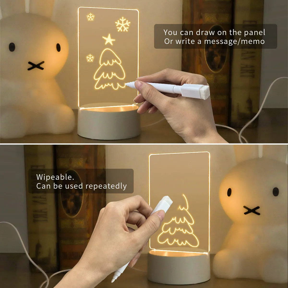Heart-shaped LED light note board with USB warm yellow illumination on a desk