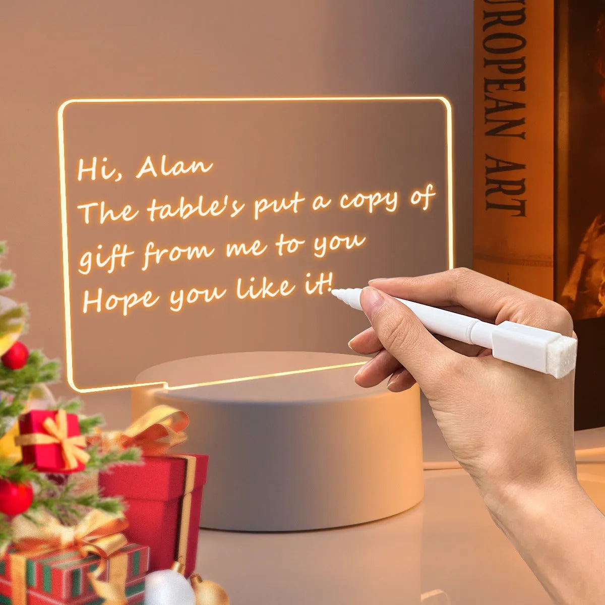 Heart-shaped LED light note board with USB warm yellow illumination on a desk
