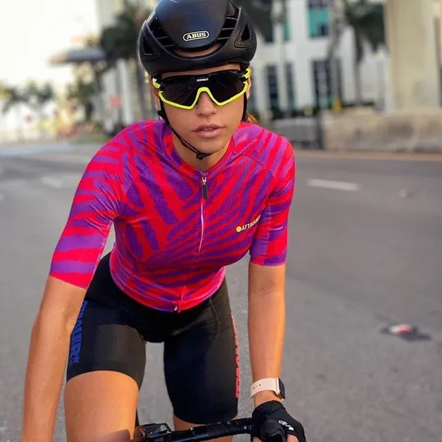 Attaquer women's long-sleeve cycling jersey and bib shorts set in Kaleidoscope pattern.