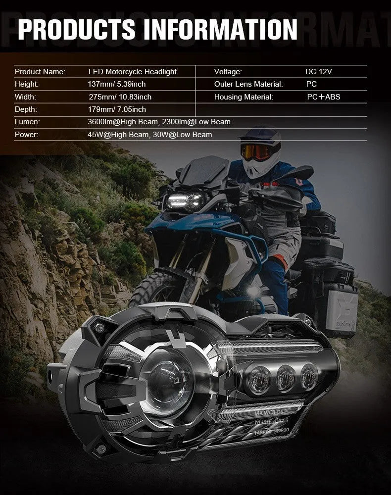 Black background LED motorcycle headlight unit for bike modification, showing polycarbonate lens.
