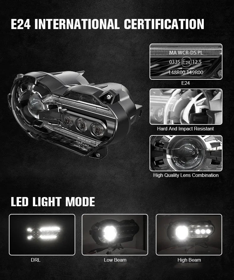 Black background LED motorcycle headlight unit for bike modification, showing polycarbonate lens.