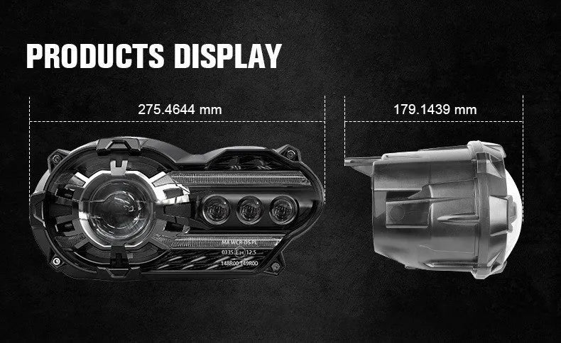 Black background LED motorcycle headlight unit for bike modification, showing polycarbonate lens.