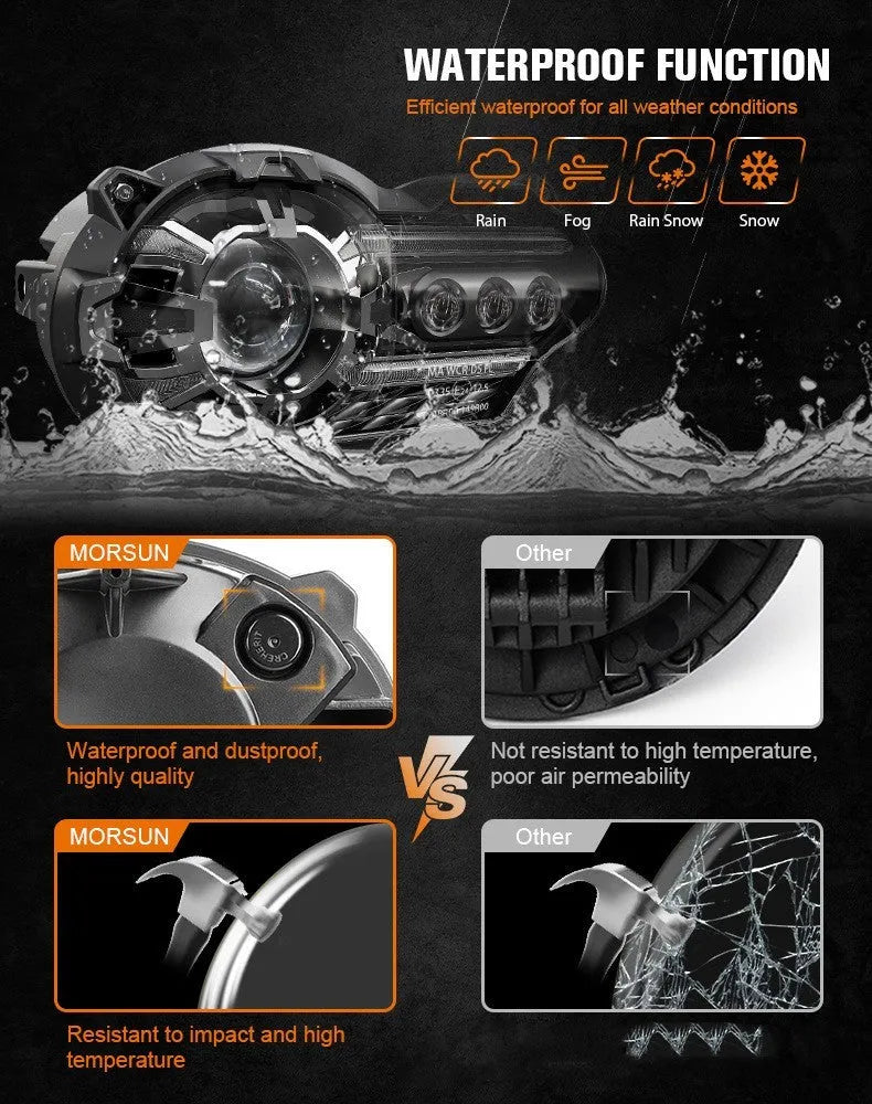 Black background LED motorcycle headlight unit for bike modification, showing polycarbonate lens.