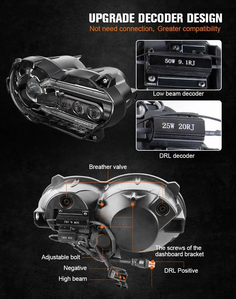 Black background LED motorcycle headlight unit for bike modification, showing polycarbonate lens.