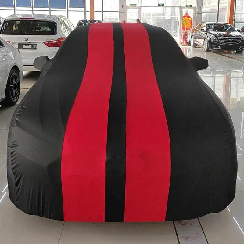 Ford Mustang car cover with elastic edges in choice of six colours including black, red, blue, light grey, yellow, and orange