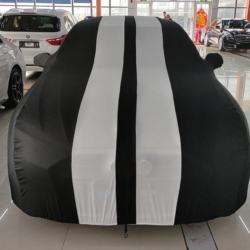 Ford Mustang car cover with elastic edges in choice of six colours including black, red, blue, light grey, yellow, and orange