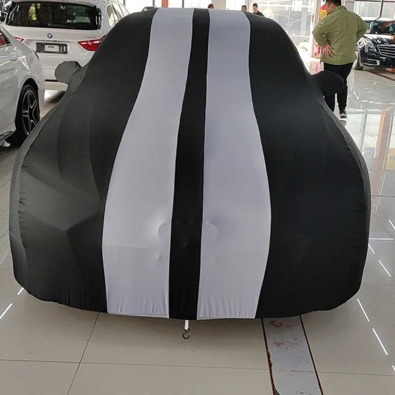 Ford Mustang car cover with elastic edges in choice of six colours including black, red, blue, light grey, yellow, and orange