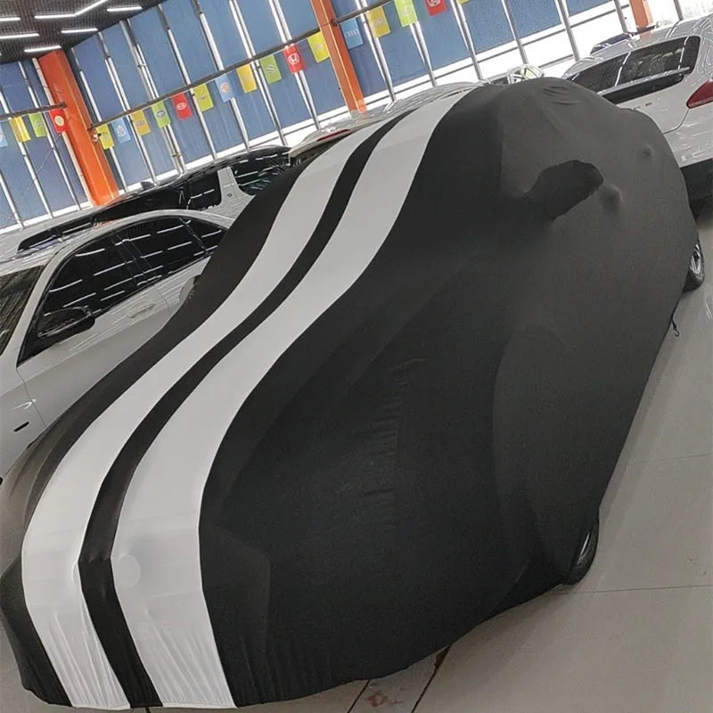 Ford Mustang car cover with elastic edges in choice of six colours including black, red, blue, light grey, yellow, and orange