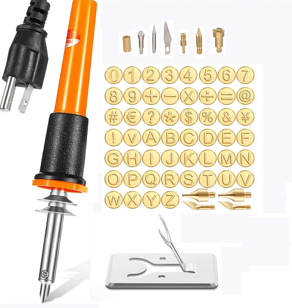 65-piece carving soldering iron kit with 30W heating core, rubber handle, letter and number stamps, and seven carving heads